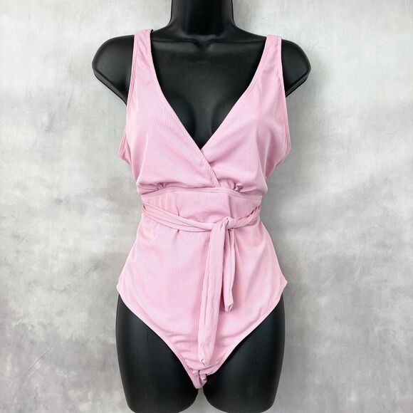 Pink Ribbed Belted Swimsuit Womens Large Surplice Top Beachy Summer Feminine - Picture 1 of 6